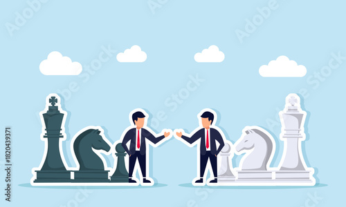 Two businessmen talking and discussing among chess pieces illustration of competition strategy with business competitors