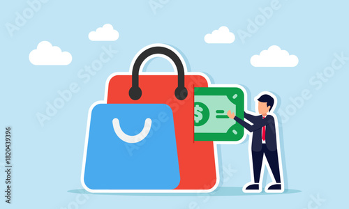 Businessman pulling dollar money from a shopping bag illustration of taking profit in the retail market