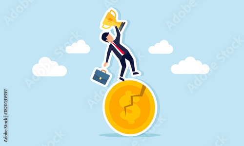 Businessman holding a trophy and briefcase falling from a cracked dollar coin illustration of bankruptcy from poor business financial performance
