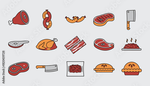 Meat Icons Vector Set — Outline Design Illustration for Butchery, Food, and Culinary Use