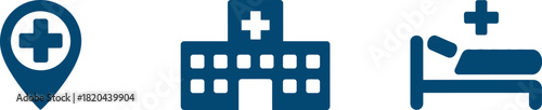 Medical location hospital and patient bed icon set isolated on