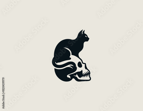 Contrasting black vector graphic showing a calm, sleek cat resting peacefully atop a dramatically styled, intimidating skull with sharp fang-like teeth.