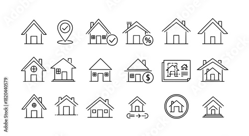 Simple Outline Style House Estate Residence Dwelling Building Icons Collection Set