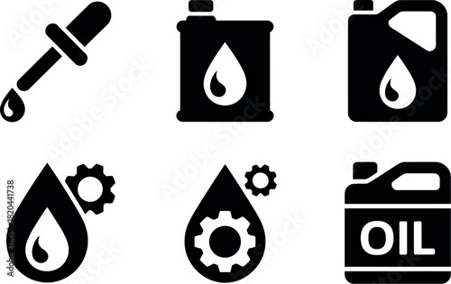 Set of black oil and lubricant icons isolated on
