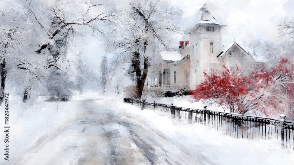 Naklejka premium Snowy path winter landscape with historic house, red bushes, bare trees, and serene atmosphere, exterior scene, clear sky, peaceful mood