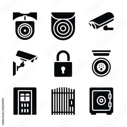 Security icons depicting cameras locks gates and safes in black silhouette