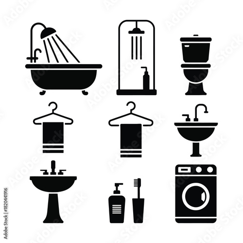 Black and white bathroom icons depicting fixtures and accessories