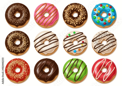 Assorted Realistic Vector Donuts Collection - Glossy Icing & Sprinkles Set