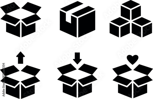 Set of black cardboard box icon variations