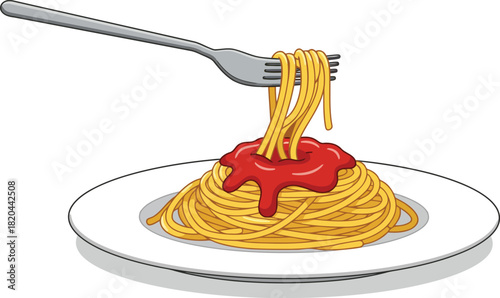 Delicious spaghetti with fork and tomato sauce cartoon illustration