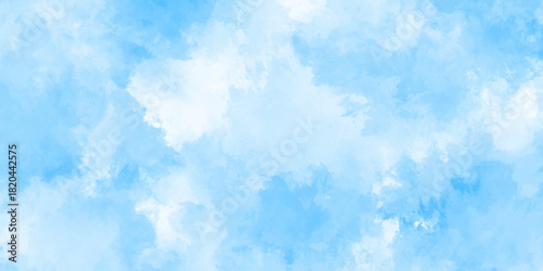 Light sky blue and white grunge smooth shades aquarelle background. sky cloud for wallpaper backdrop texture. blue watercolor splash stroke background with clouds. hand drawn paint watercolor texture.