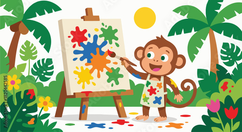 Monkey Painting a Picture
Flat vector monkey holding a paintbrush and painting on a canvas

