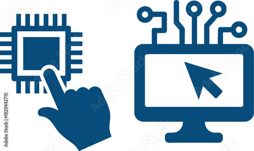 Hand pointing to microchip and computer screen icon