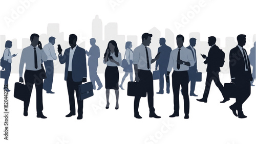 A vibrant urban landscape bustling with diverse business professionals engaged in modern city life