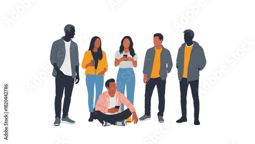 Diverse group of young adults interacting with smartphones in a modern setting