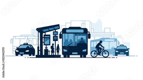 City Transportation Diverse Modes Including Bus, Bike, and Taxi in Urban Environment