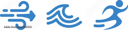 Set of three blue icons for wind, water, and run