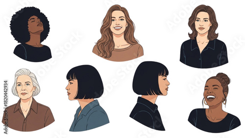 Illustrations of diverse women with varying hairstyles and expressions