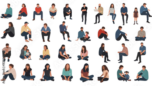 Diverse group of people in various seated positions, illustrating community and everyday life