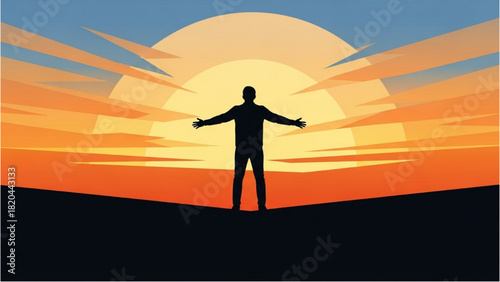 Person with open arms in silhouette at sunset