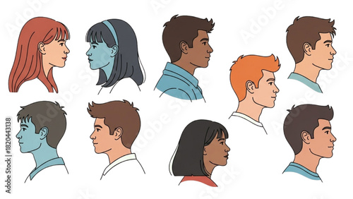 A diverse set of illustrated human head profiles from the side, representing a global community
