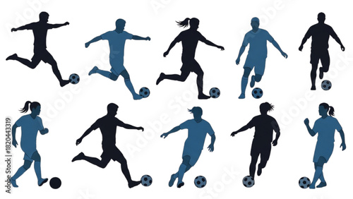 Silhouetted Soccer Players Kicking a Ball in Various Action Poses
