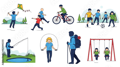 Outdoor Recreation Icons Kite Flying, Cycling, Soccer, Hiking, and Various Activities