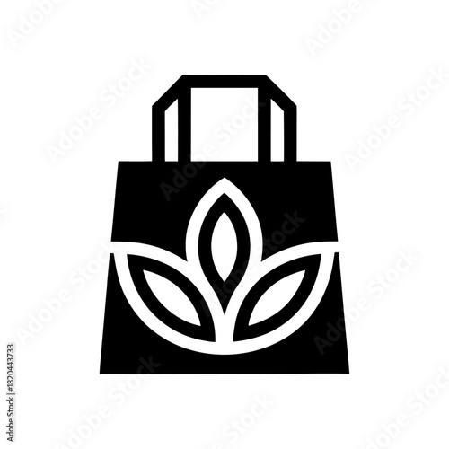 A simple outline icon of a reusable shopping bag with a small leaf symbol representing eco shopping and waste reduction.