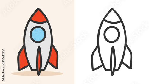 hand-drawn rocket and spaceship illustration with outline and color, ideal for space exploration, school project, science theme, and fun educational graphic