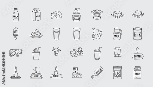 Milk and Dairy Products Icons Vector Set — Cream, Butter, Cheese, Yogurt, Infant Formula, and Linear Icons