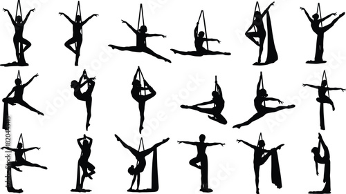 Aerial Silk Silhouettes Set of Female Acrobat Performing Artistic Gymnastics Poses on Hanging Ribbons Vector Illustration