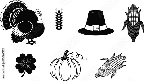 Black and white Thanksgiving vector illustration set with turkey pumpkin corn pilgrim hat and wheat for autumn harvest celebration.