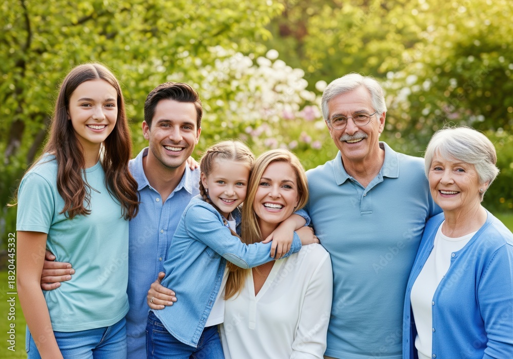 Fototapeta premium Joyful multi generational family portrait smiling together outdoors