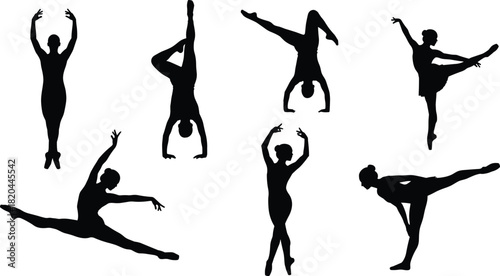 Collection of black female ballet dancer and gymnast silhouettes performing various artistic poses isolated on white background vector illustration