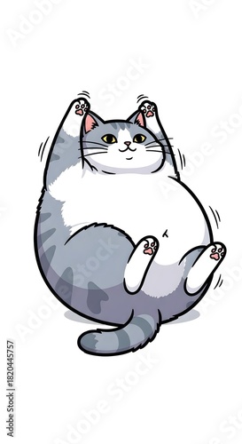 Playful cartoon cat lying on back with paws in the air and smiling