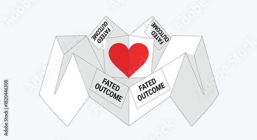 A folded paper fortune teller game with a red heart in the center and the words fated outcome on its flaps