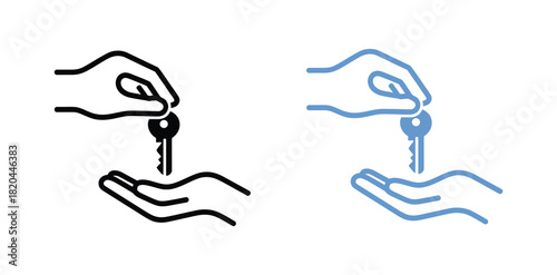 Key on a hand, icon in line design. Key, hand, security, access, ownership, trust, giving on white background vector. Key on a hand editable stroke icon