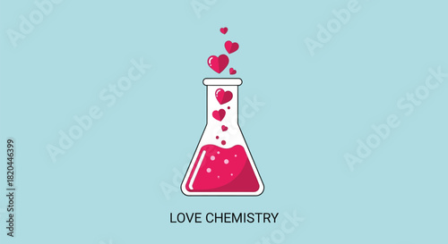 A laboratory flask filled with pink liquid and floating hearts symbolizing love chemistry and romance