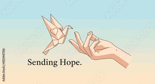 Origami crane with heart symbol flying towards a gentle hand symbolizing sending hope and peace
