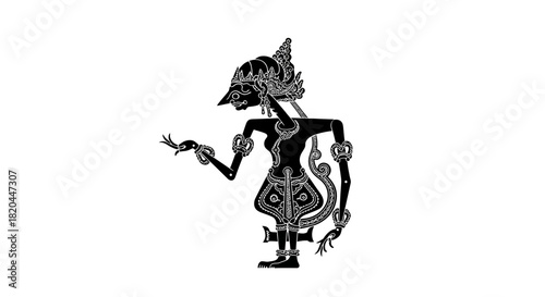 Silhouette of a devilish figure with horns and clawed hands, adorned with flame-like patterns.