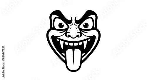 A stylized, black and white illustration of a grinning, monstrous face with fangs.