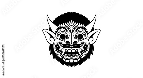 A stylized, detailed illustration of a traditional Balinese Barong mask, depicted in black and white.