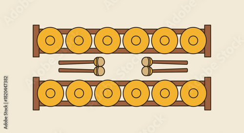 Illustration of a kulintang ensemble, a musical instrument, with gongs arranged on a rack and mallets.
