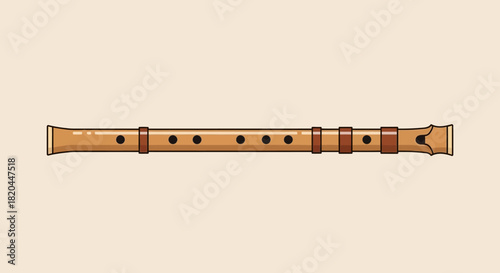 Illustration of a wooden flute with finger holes and decorative bands, centered on a light beige background.