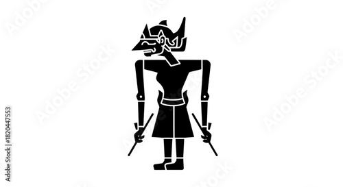 Silhouette of a devilish figure with horns and clawed hands, adorned with flame-like patterns.