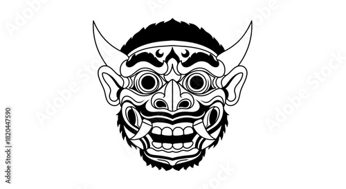 A detailed black and white illustration of a stylized demon mask with horns and sharp teeth.