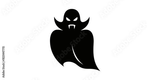 Silhouette of a spooky vampire with fangs and glowing eyes, isolated on a white background.