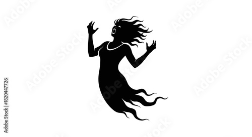 Silhouette of a woman with flowing hair, arms raised, screaming in distress.