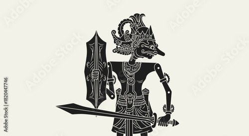 A traditional Javanese shadow puppet figure, holding a sword and shield.