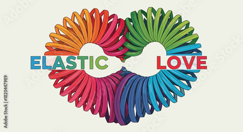 Colorful elastic heart shape formed by rainbow slinky coils with the words elastic love